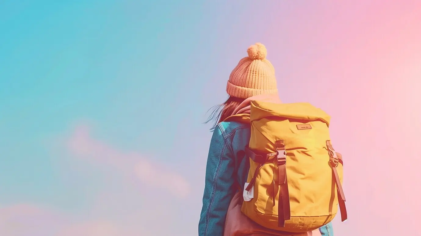 A travel-themed scene with pastel hues and a dreamy mood.